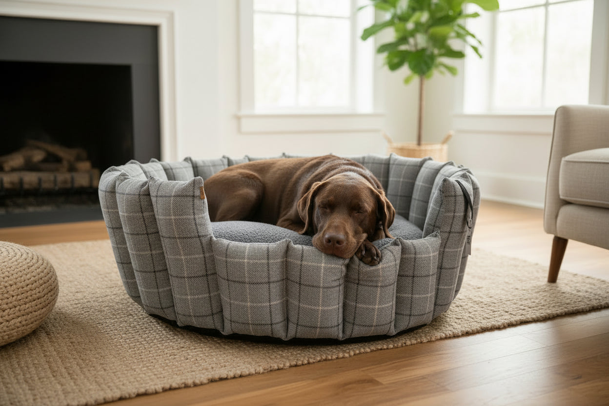 Pocket-sided dog bed in soft grey check fabric for small and large dogs
