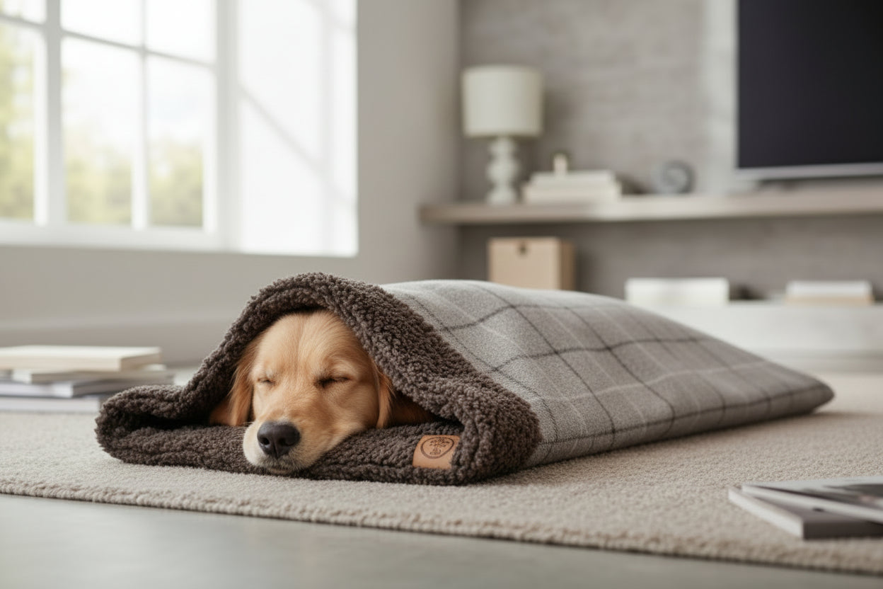 Luxury Dog Snuggle Sack | Handmade Sherpa Fleece Sleeping Bag | Customisable Pet Bed UK | Cosy Dog Sleep Bag
