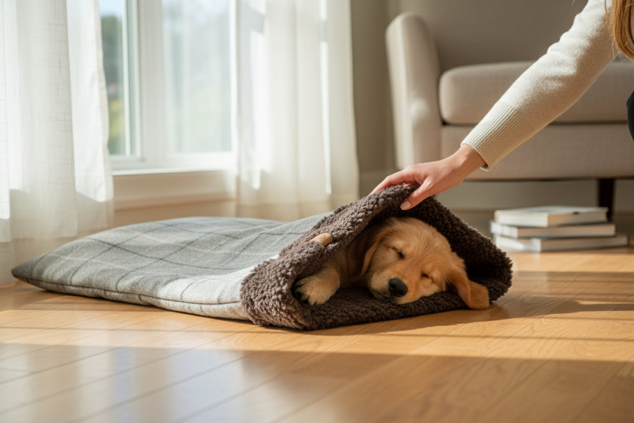 Luxury Dog Snuggle Sack | Handmade Sherpa Fleece Sleeping Bag | Customisable Pet Bed UK | Cosy Dog Sleep Bag