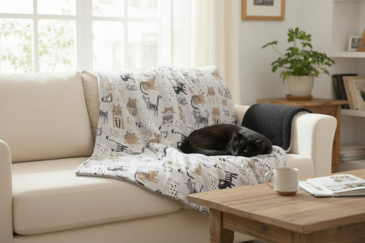 Cat blanket/throw in cat print fabric with soft Sherpa fleece backing